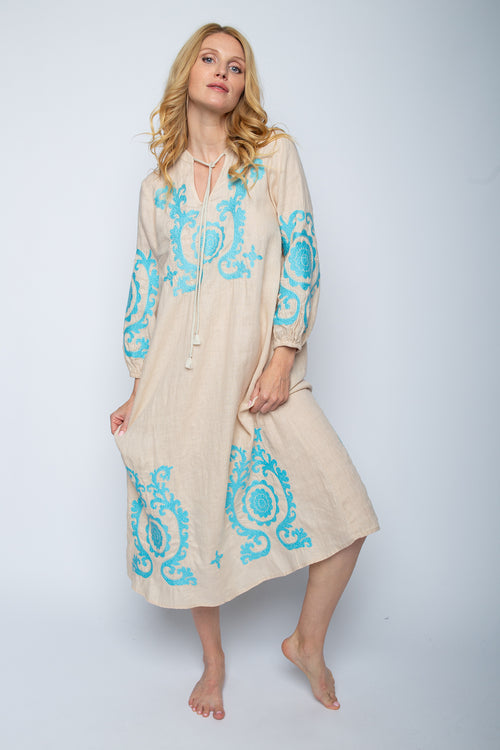 Tunika Dress "Ornament Love" Leinen sand/aqua