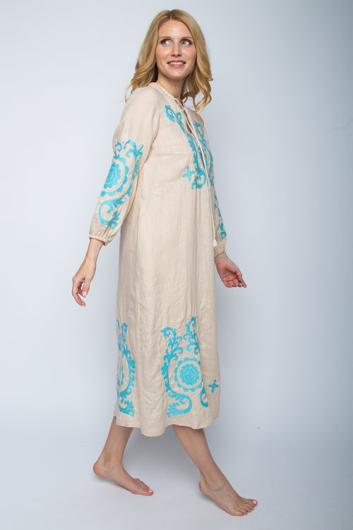 Tunika Dress "Ornament Love" Leinen sand/aqua