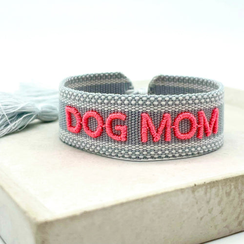 Webarmband "Dog Mom" light grey/neon pink
