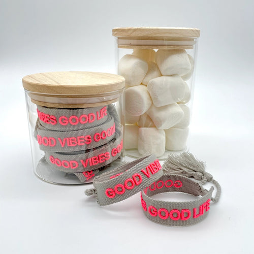 Webarmband "Good Vibes Good Life" taupe/neon pink
