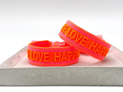Webarmband "Peace Love Happiness" neon orange/neon pink
