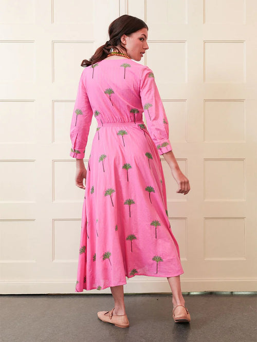 Azurite Dress Pink Lurex Palm Embroidery