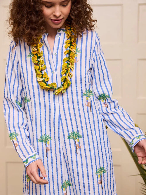 Kaftan Cedar white/blue Stripes Palm Embroidery