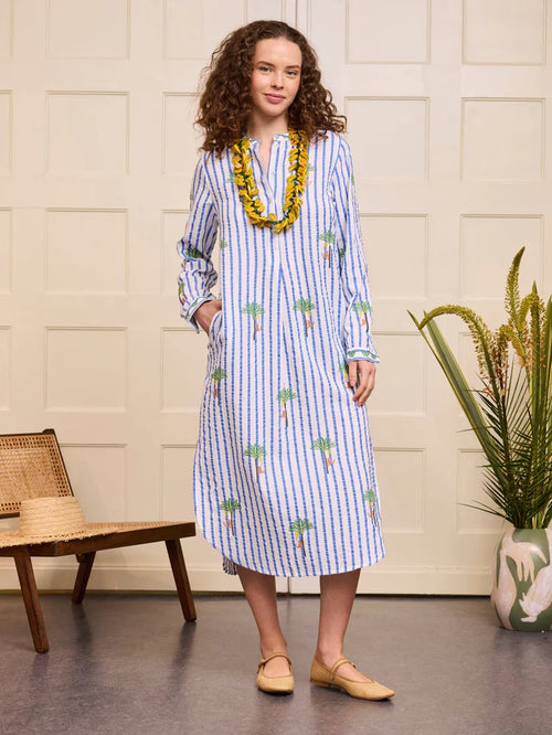 Kaftan Cedar white/blue Stripes Palm Embroidery