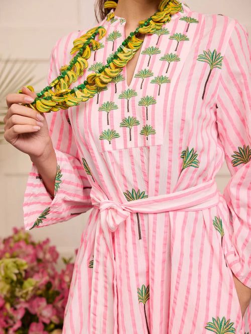 Dress Lemon Pink Stripes Palm Embroidery