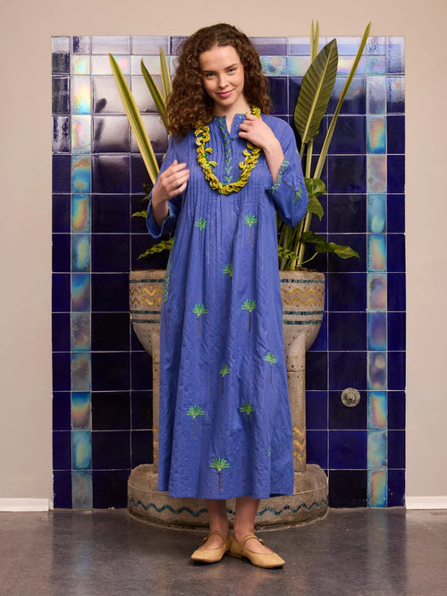 Dress Woodruff Blue Palm Lurex Embroidery