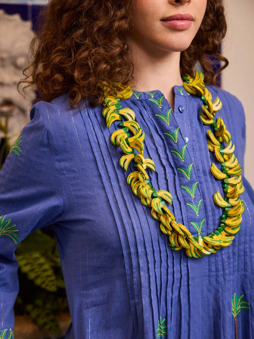 Dress Woodruff Blue Palm Lurex Embroidery