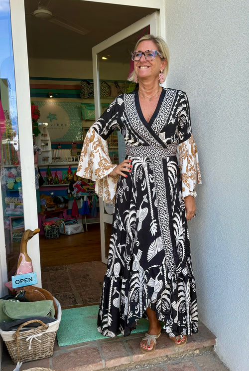 Seiden Maxidress Lisboa "Black Palm/Camel"