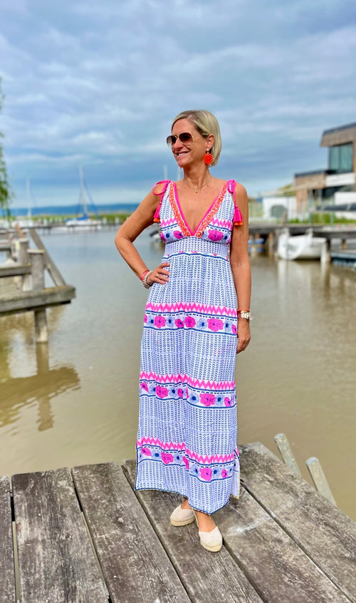 Maxi Dress "Ikat and Pink Flowers"