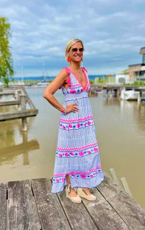 Maxi Dress "Ikat and Pink Flowers"