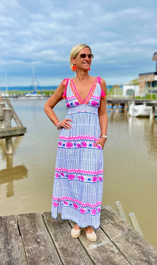 Maxi Dress "Ikat and Pink Flowers"