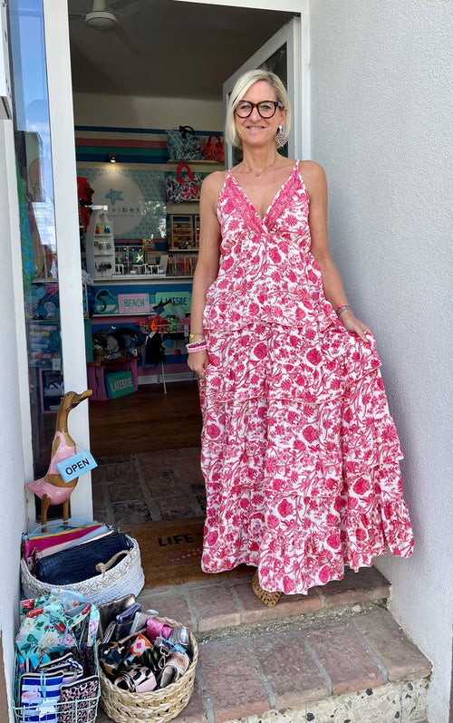 Seiden Maxidress Sicily white/coral