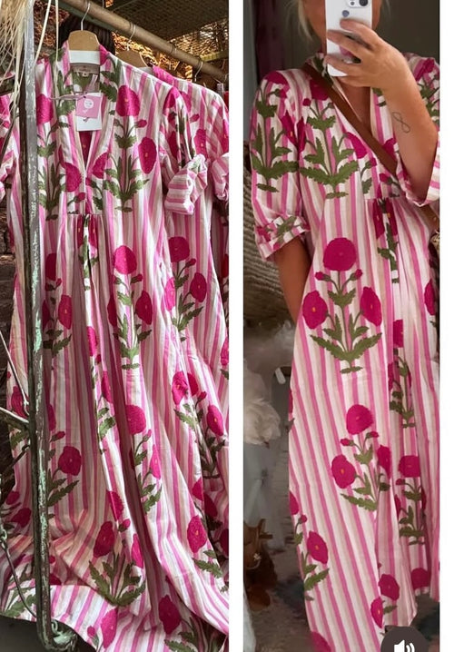 Kaftan Dress "Pink Flowers" Stripes