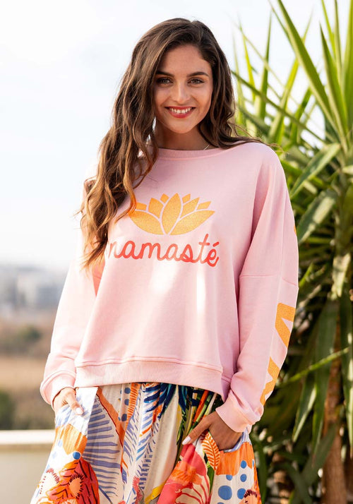 Miss Goodlife Sweater Round Neck "Namaste Double" Glitter rose/neonorange