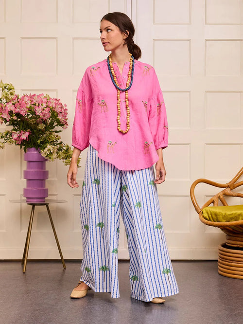 Hose Majoran Blue Stripes Palm Embroidery