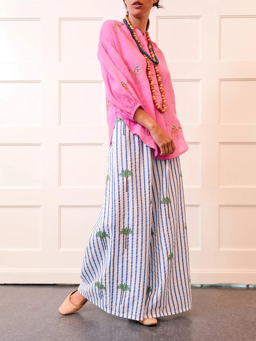 Hose Majoran Blue Stripes Palm Embroidery