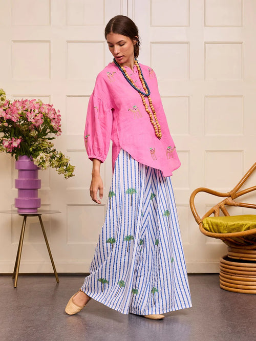 Hose Majoran Blue Stripes Palm Embroidery
