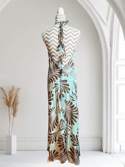 Seiden Dress Mare long "Leaves Abstract" light blue