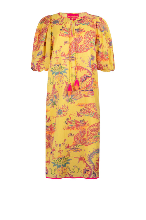 Midi Kleid Oriental Dragon yellow