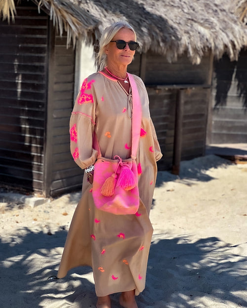 Boho Dress Sand/neon Coral