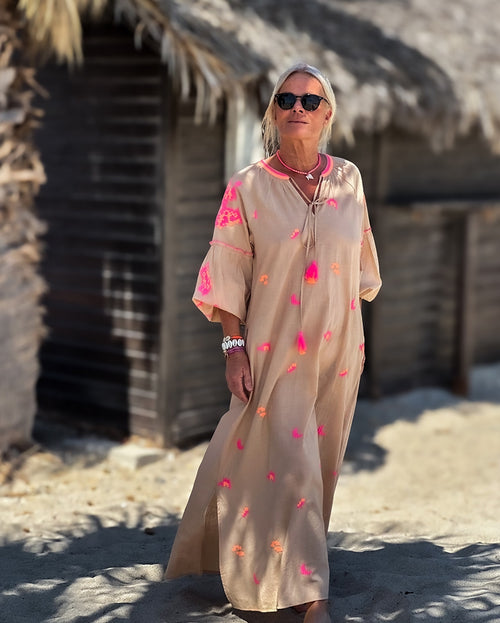 Boho Dress Sand/neon Coral