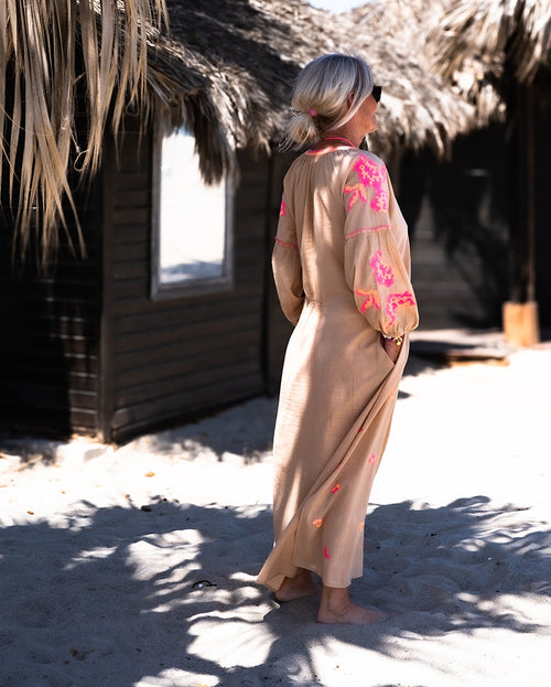 Boho Dress Sand/neon Coral