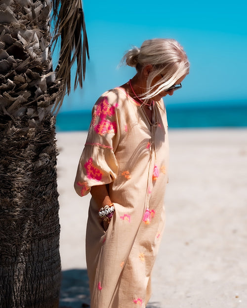 Boho Dress Sand/neon Coral
