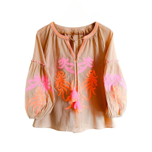 Blouse "Sky" coffee/neon coral/neon pink
