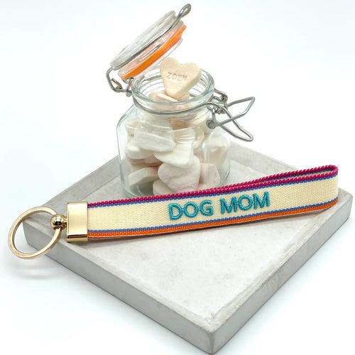 Key Ring "Dog Mom" offwhite/turquoise