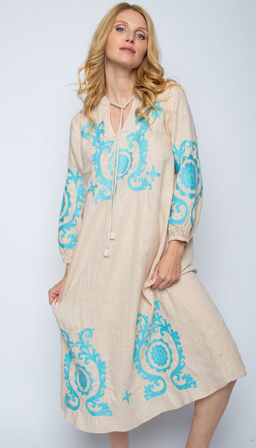 Tunika Dress "Ornament Love" Leinen sand/aqua