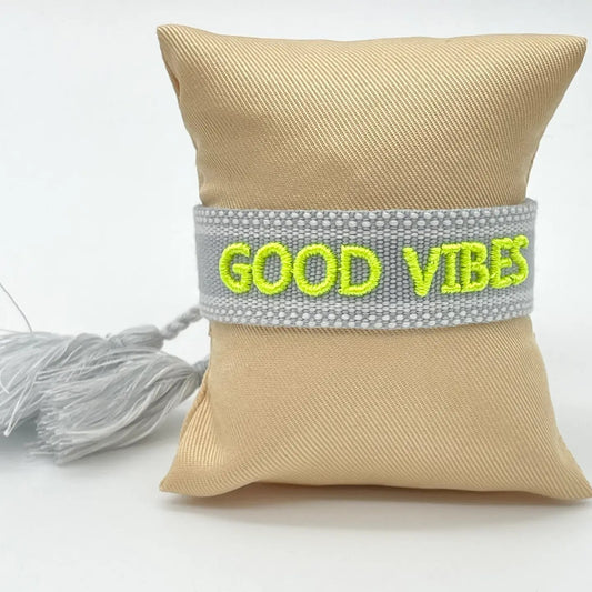 Webarmband "Good Vibes" light grey/fluo yellow