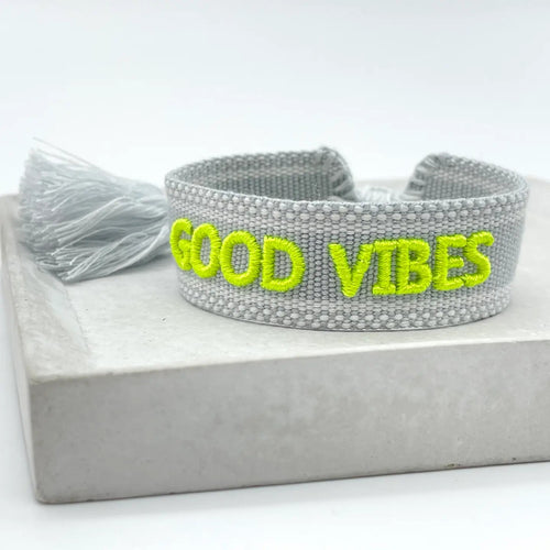 Webarmband "Good Vibes" light grey/fluo yellow