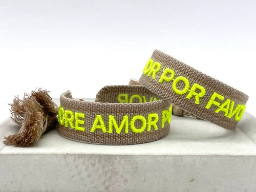 Webarmband "More Amor Por Favor" beige/neon Yellow