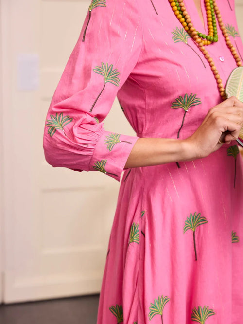 Azurite Dress Pink Lurex Palm Embroidery