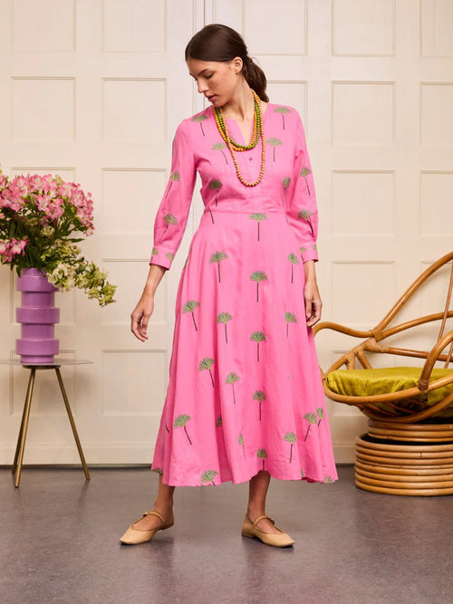 Azurite Dress Pink Lurex Palm Embroidery
