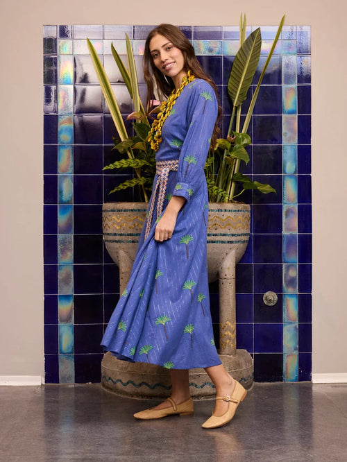 Azurite Dress Blue Lurex Palm Embroidery