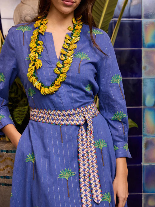 Azurite Dress Blue Lurex Palm Embroidery