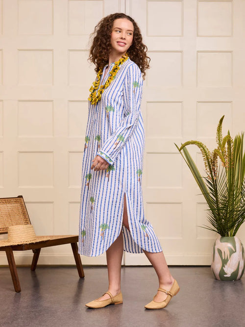 Kaftan Cedar white/blue Stripes Palm Embroidery