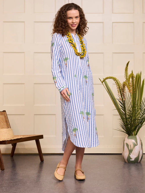 Kaftan Cedar white/blue Stripes Palm Embroidery