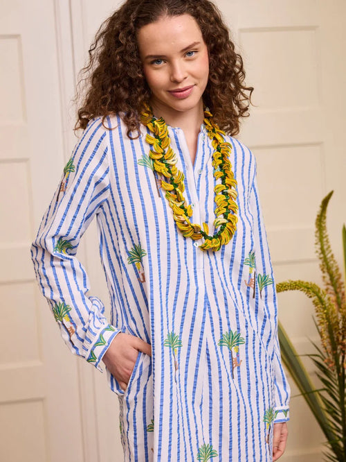 Kaftan Cedar white/blue Stripes Palm Embroidery