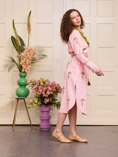 Kaftan Cedar white/pink Stripes Palm Embroidery