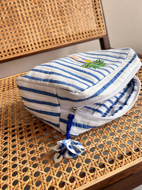 Cosmetic Bag Blue Stripes Palms
