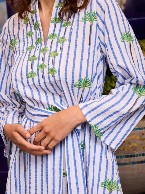 Dress Lemon Blue Stripes Palm Embroidery