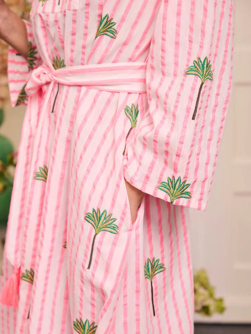 Dress Lemon Pink Stripes Palm Embroidery