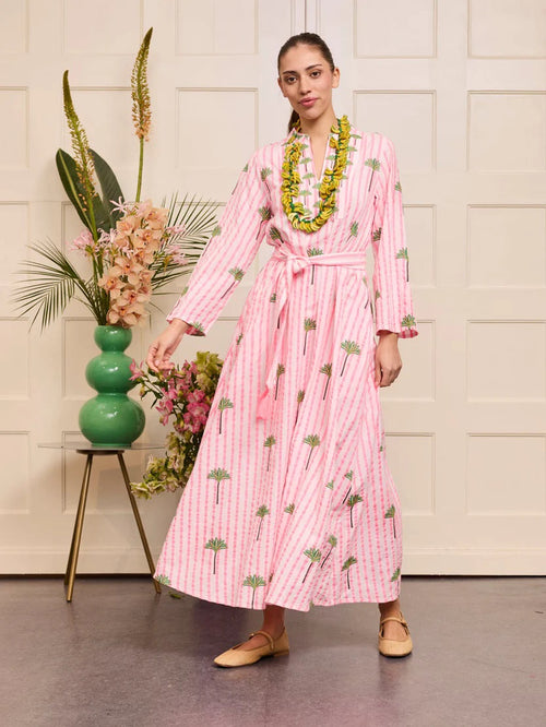 Dress Lemon Pink Stripes Palm Embroidery