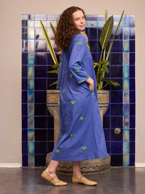 Dress Woodruff Blue Palm Lurex Embroidery