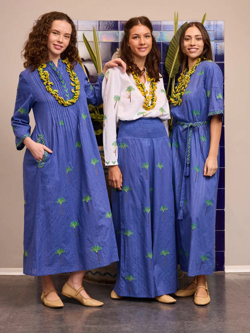 Dress Woodruff Blue Palm Lurex Embroidery