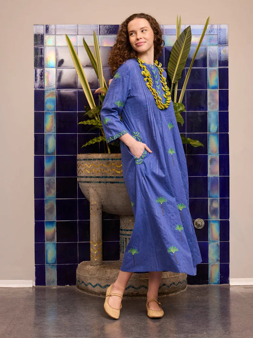 Dress Woodruff Blue Palm Lurex Embroidery
