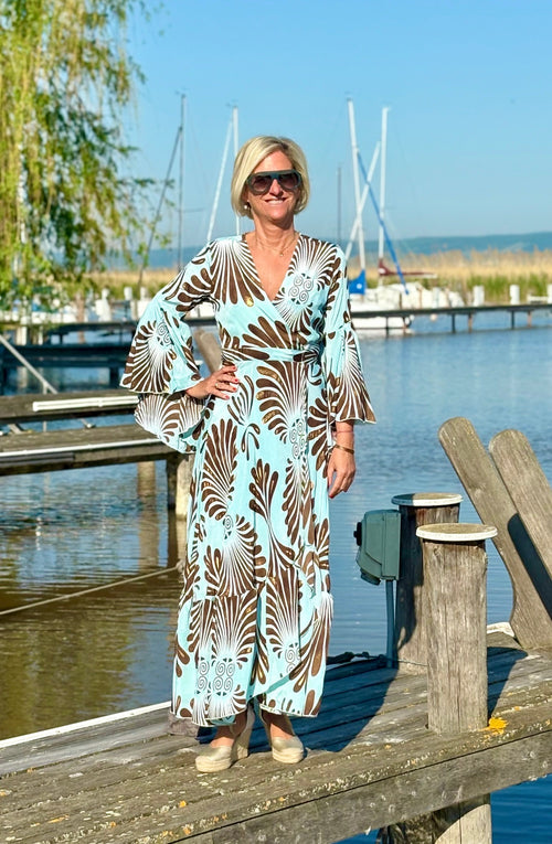 Seiden Maxidress Lisboa "Leaves" light blue brown