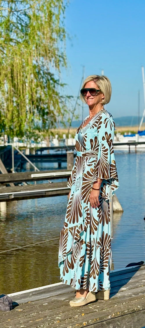 Seiden Maxidress Lisboa "Leaves" light blue brown